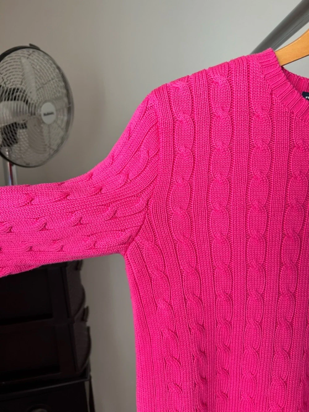Vintage Ralph Lauren Cable Knit Crew Neck Fisherman Sweater Pink Cotton Large